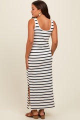 Black Striped Sleeveless Side Slit Maternity Maxi Dress