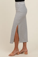 White Striped Fitted Side Slit Maxi Skirt