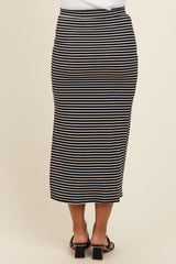 Black Striped Fitted Side Slit Maternity Midi Skirt