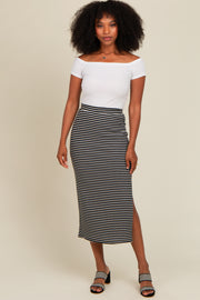 Black Striped Fitted Side Slit Midi Skirt