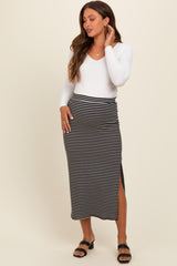 Black Striped Fitted Side Slit Maternity Midi Skirt