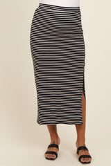 Black Striped Fitted Side Slit Maternity Midi Skirt