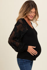 Black Floral Lace Balloon Sleeve Maternity Top