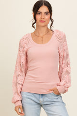 Light Pink Floral Lace Balloon Sleeve Maternity Top