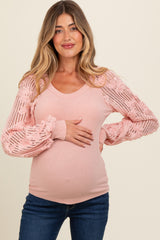 Light Pink Floral Lace Balloon Sleeve Maternity Top