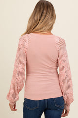 Light Pink Floral Lace Balloon Sleeve Maternity Top