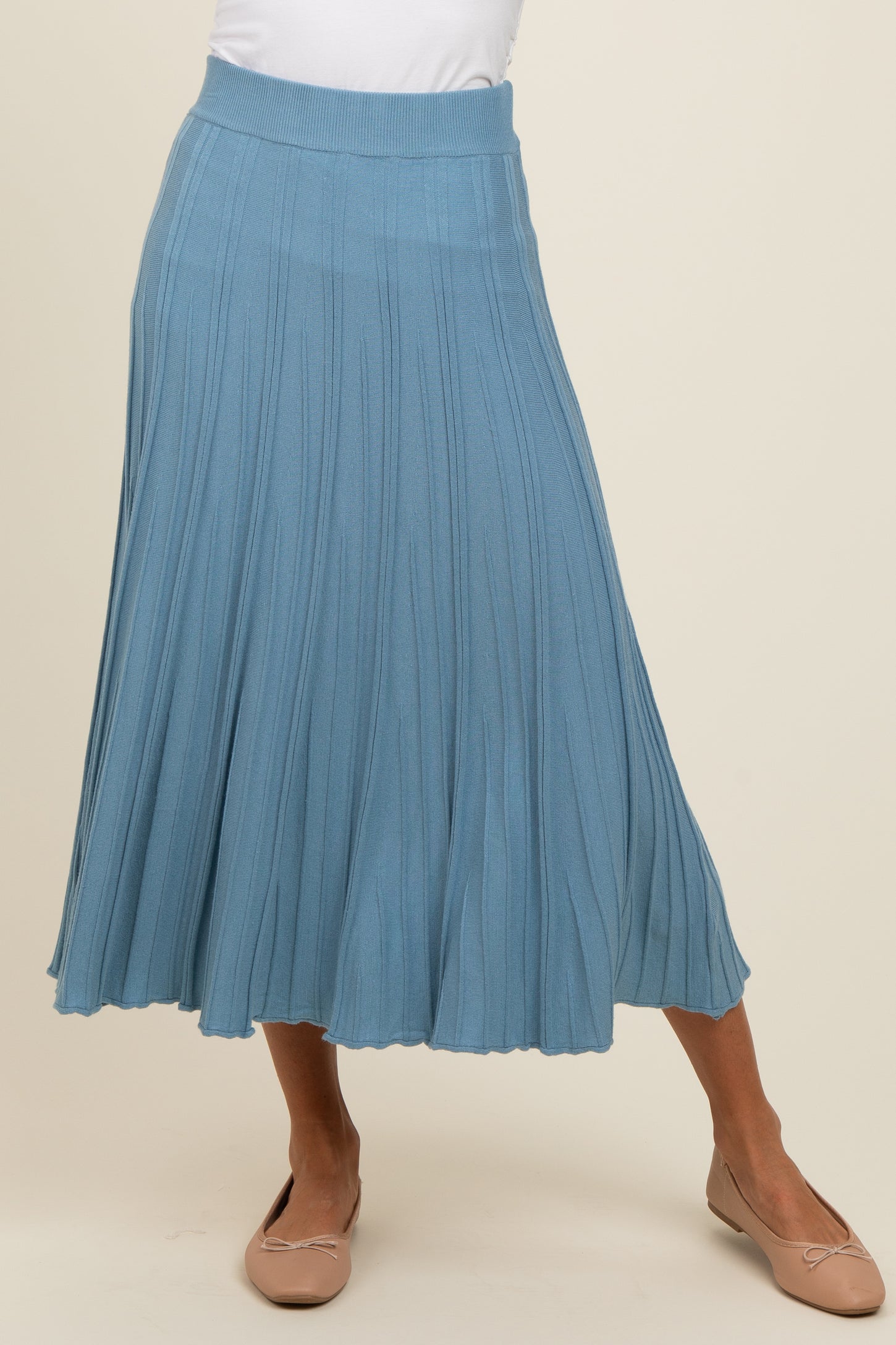 Blue Ribbed Knit A-Line Midi Skirt