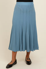 Blue Ribbed Knit A-Line Midi Maternity Skirt