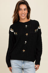 Black Embroidered Flower Cable Knit Sweater