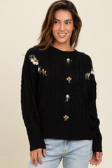 Black Embroidered Flower Cable Knit Sweater