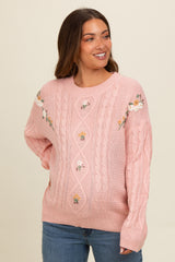 Mauve Embroidered Flower Cable Knit Maternity Sweater