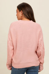 Mauve Embroidered Flower Cable Knit Maternity Sweater