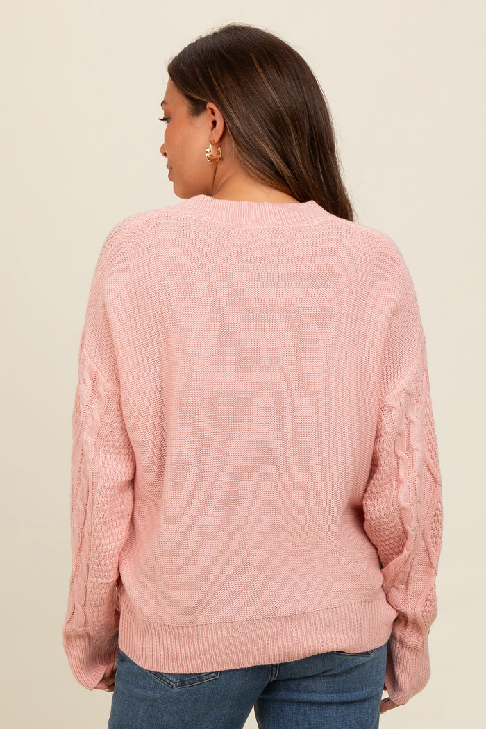 Mauve Embroidered Flower Cable Knit Maternity Sweater