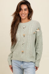 Mint Green Embroidered Flower Cable Knit Sweater