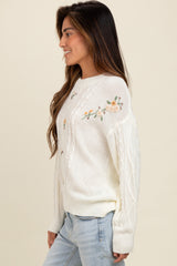 Ivory Embroidered Flower Cable Knit Sweater