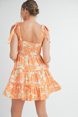 Orange Lavender Floral Tiered Scallop Trim Mini Dress