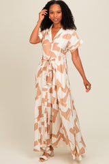 Taupe Printed Sash Tie Button Down Maxi Dress