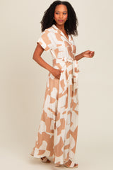 Taupe Printed Sash Tie Button Down Maternity Maxi Dress