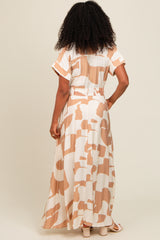 Taupe Printed Sash Tie Button Down Maxi Dress