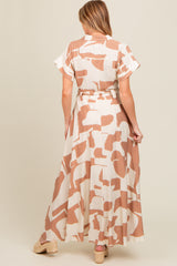 Taupe Printed Sash Tie Button Down Maternity Maxi Dress