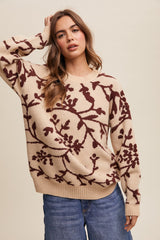 Burgundy Floral Drop Shoulder Sweater