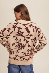 Burgundy Floral Drop Shoulder Sweater