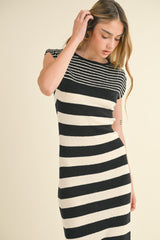 Black Mixed Stripe Fitted Sweater Dress