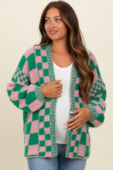 Pink Checkered Maternity Cardigan Sweater