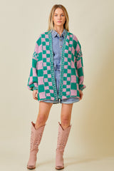 Pink Checkered Cardigan Sweater