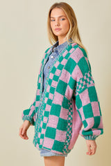 Pink Checkered Cardigan Sweater