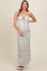 Navy Blue Printed Ribbon Detail Maternity Maxi Dress