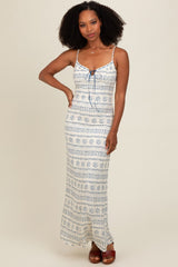 Navy Blue Printed Ribbon Detail Maternity Maxi Dress