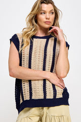 Navy Blue Loose Crochet Knit Top