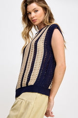 Navy Blue Loose Crochet Knit Top