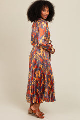 Orange Paisley Print Pleated Button Down Midi Dress