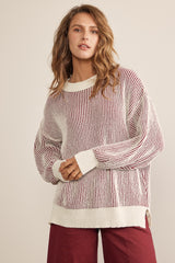 Burgundy Two Tone Ribbed Knit Sweater