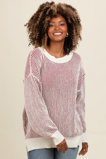 Burgundy Two Tone Ribbed Knit Sweater