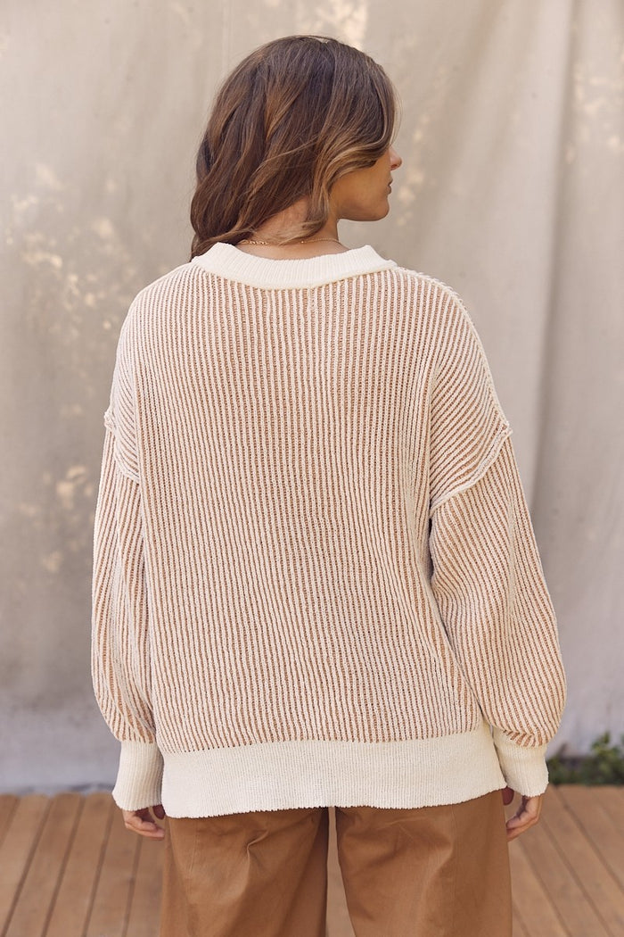 Camel Two Tone Ribbed Knit Sweater