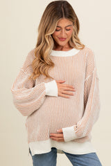 Camel Two Tone Ribbed Knit Maternity Sweater