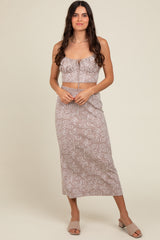 Light Taupe Floral Knit Crop Top and Midi Skirt Maternity Set