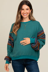 Teal Knit Contrast Sleeve Maternity Pullover