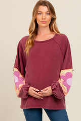 Burgundy Raw Edge Flower Patch Maternity Top