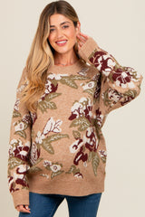 Beige Floral Print Crew Neck Maternity Sweater