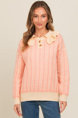 Salmon Ruffle Collar Button Up Waffle Knit Sweater