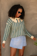 Dark Teal Ruffle Collar Button Up Waffle Knit Sweater