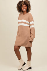 Beige Relaxed Fit Striped Mini Sweater Dress