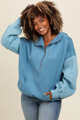 Blue Colorblock Half Zip Maternity Hoodie