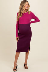 Magenta Knit Colorblock Back Twist Cutout Maternity Midi Dress