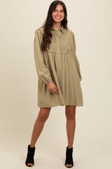 Light Olive Frayed Button Down Mini Dress