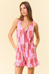 Coral Pink Floral Patchwork Print Tie Front Hem Romper